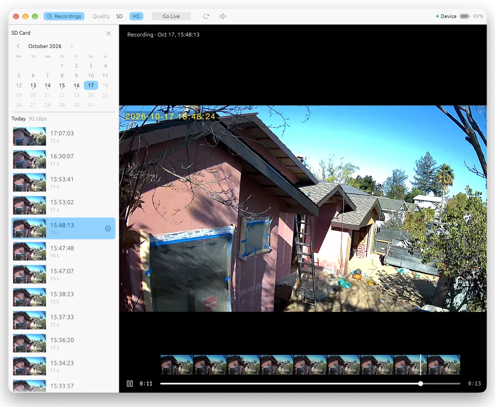 UboxDesktop on a Mac, playing a recording from the camera's SD card, with the list of the day's recordings beside it
